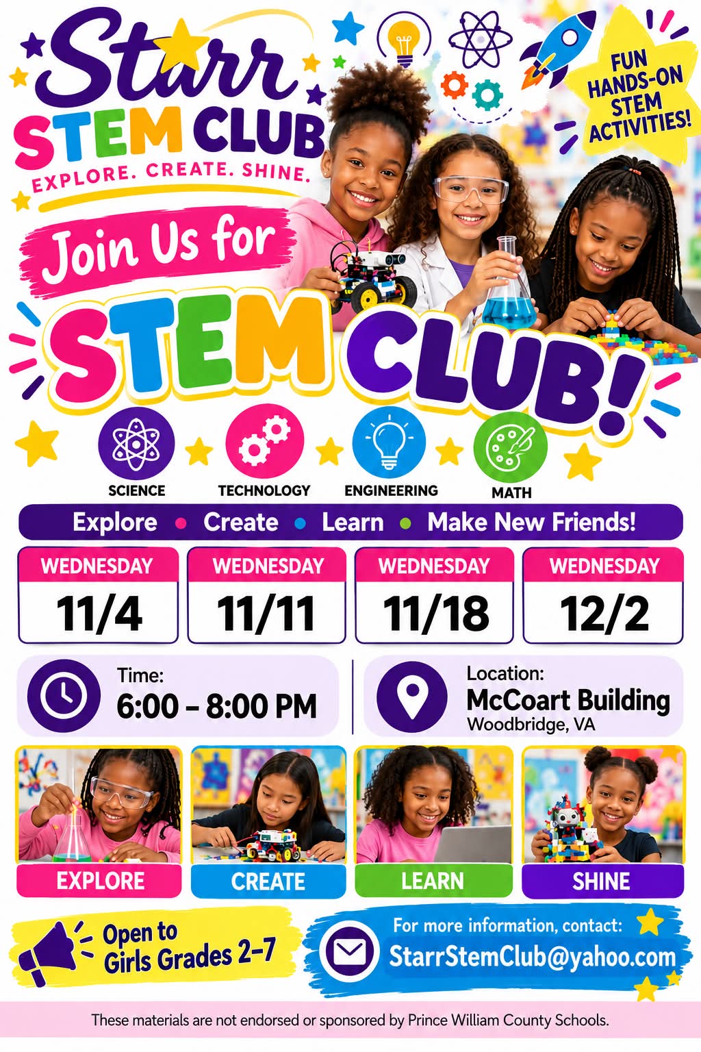 Girls exploring robotics, chemistry, and building in the Starr STEM Club flyer